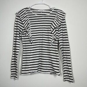 Frame Top Women M Striped Linen Blouse Ruffle Woven Crew Neck Minimalist